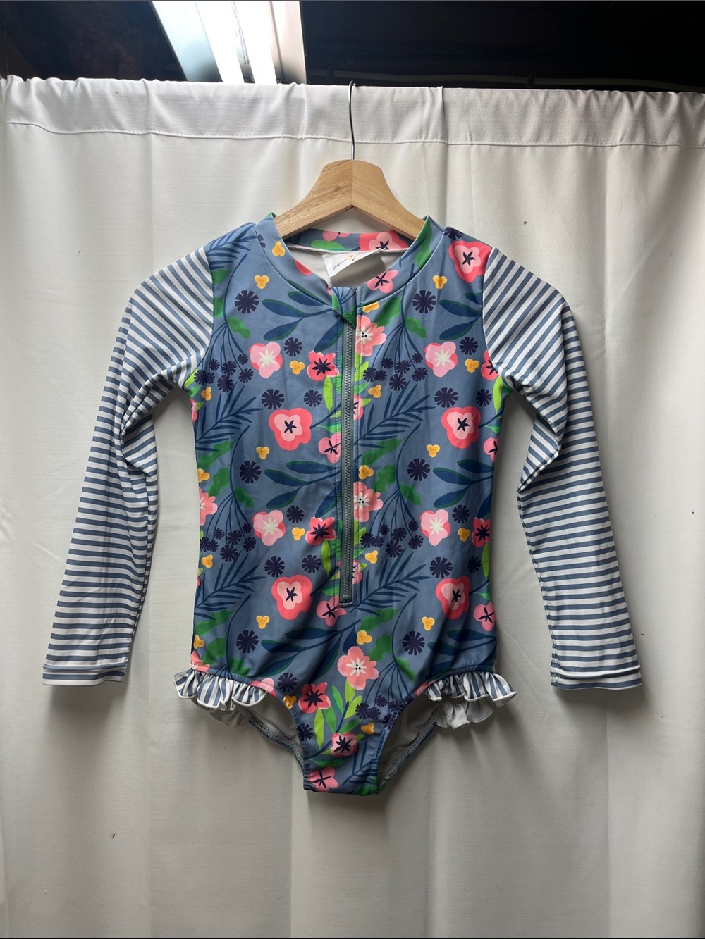 Oopsie Daisy Pink Blue Stripe Floral Rashguard One Piece Swimsuit- 8